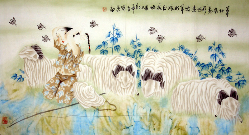 牧羊姑娘 L-P30【卷轴礼品】天寿 四尺写意栩栩如生人物挂画作品