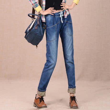 包邮韩版夏季<em>长款牛仔</em>哈伦<em>马裤</em>女宽松松紧腰牛