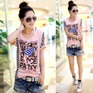  夏装新款韩版女装宽松短袖t恤 垂感蝙蝠袖蕾丝 拼接百搭打底条纹