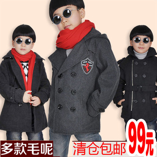  包邮清仓 特价秋冬中大男童夹棉加厚毛呢大衣尼子外套小儿童风衣