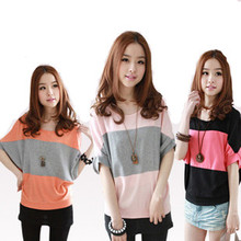 Daily Specials New Korean version of the bat sleeve spell color cotton round neck long section of large size loose casual T-shirt blouses