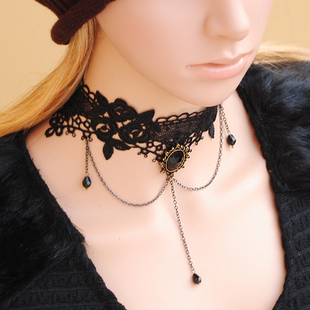  DIY新款韩版超女锁骨链黑色蕾丝项链水晶假领子复古宫廷多层颈链