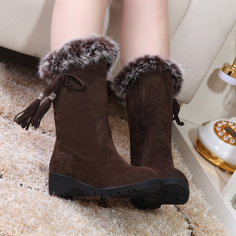 防滑底兔毛流苏靴...