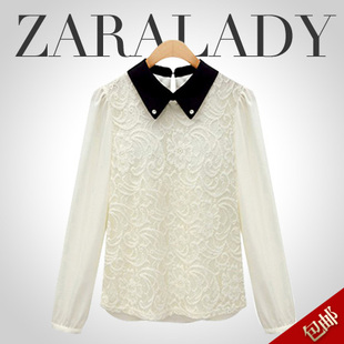  zara basic 春装新款娃娃领撞色拼接蕾丝打底衬衫 女长袖衬衣