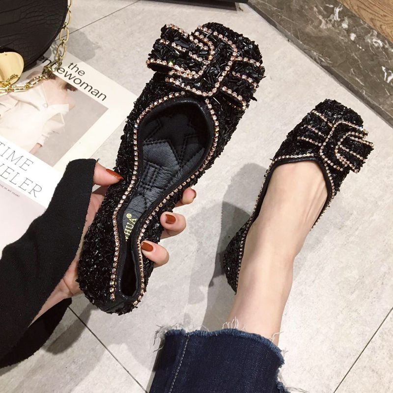 Single shoe girl 2019 Spring new pattern Korean Edition All-match fashion Shallow mouth Square Rhinestone soft sole Flat bottom Net Red Single shoesin the Women's Shoes, Low shoes category - from Buy2taobao.com to provide professional Taobao agent buy service