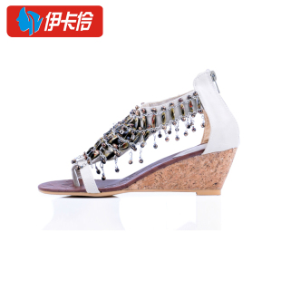  民族风复古流苏吊坠夹趾凉鞋坡跟高跟鞋女鞋子波西米亚串珠罗马鞋