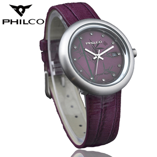  PHILCO正品名表 紫色皮带女表 真皮石英女生手表 女士腕表女装表