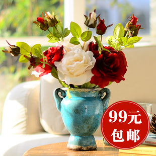  奇居良品 花瓶配玫瑰花欧式仿真花艺绢花假花整体花艺套装 特价