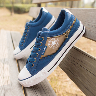  春季新款韩版潮男鞋子低帮帆布鞋侧拉链系带平跟休闲鞋男英伦板鞋