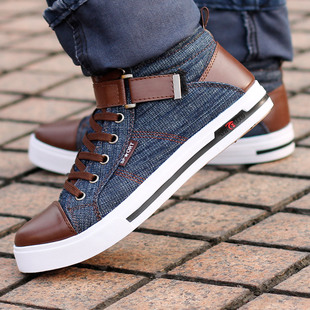  春秋韩版潮男士牛仔布时尚英伦系带牛筋底魔术贴高帮休闲鞋男板鞋