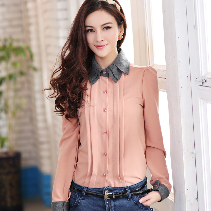 双层领修身雪纺衬...