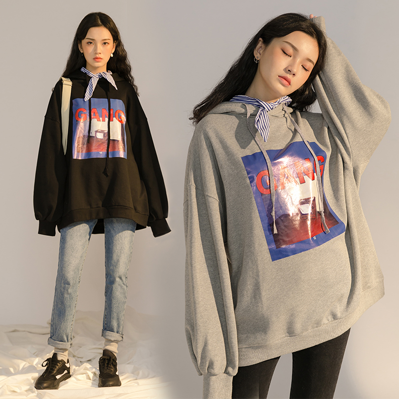 LOVEHEYNEW2019新款印花假两件领巾连帽bf风宽松休闲卫衣女春秋|msdalam kategori Butik wanita / wanita, sweater/Fleece - dari Buy2taobao.com untuk memberikan perkhidmatan ejen Taobao profesional membeli