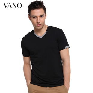  凡诺新款夏装 V领纯色修身短袖t恤 男 黑色简约棉质男士短T潮