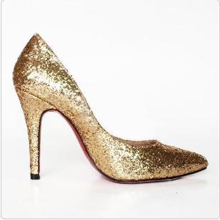  金色亮片尖头单鞋性感超高跟鞋明星同款婚鞋正品欧美新款夜店