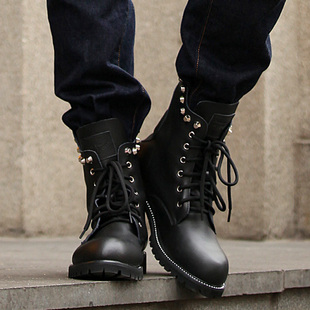  包邮春季欧美新男军靴铆钉系带马丁靴牛筋底真皮短靴透气鞋子