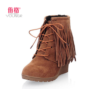  秋冬季新品流苏靴子 欧美复古系带马丁靴坡跟鞋英伦女式短靴包邮
