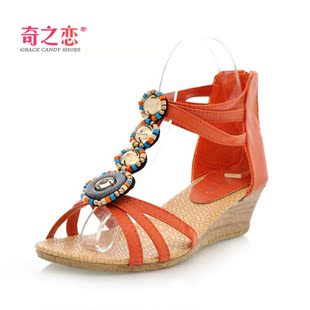  春夏新正品 时尚彩色珠串罗马鞋 舒适麻编底中跟坡跟凉鞋