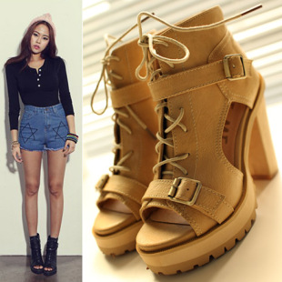  韩国供罗风鱼嘴粗跟女鞋厚底高跟鞋春夏款高跟复古系带防水台凉鞋