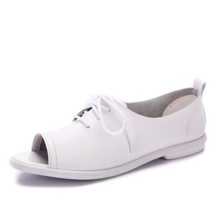  美琪岑夏季新款牛皮舒适鱼嘴英伦小白鞋女休闲女鞋平底女单鞋