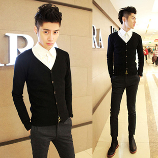 2013春装新款<em>男装</em>韩版修身纯<em>黑色</em>毛线<em>开衫</em>男