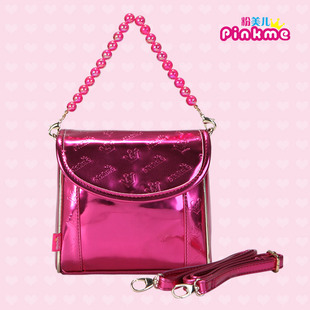 pinkme 品牌女童粉亮正方形公主珠链手提包包儿童斜跨包两用包