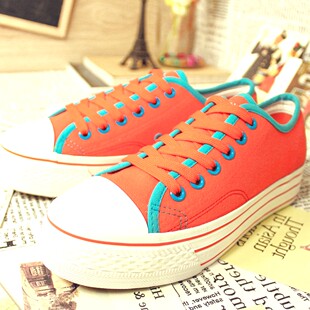  13新款糖果色系带低帮手绘帆布鞋女韩版潮厚底松糕鞋增高鞋子包邮