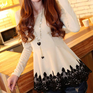  春装新款修身裙摆时尚小衫女装长袖裙式打底精品牌雪纺花边蕾丝衫