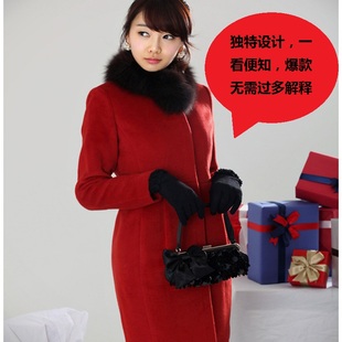  新款韩版加厚羊绒女士冬装中长款狐狸毛领暗扣修身毛呢外套大衣
