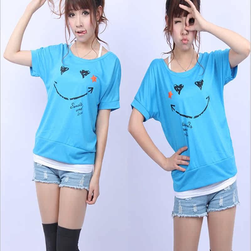 初夏T恤女短袖潮女小衫少女初中学生<em>姐妹装</em>蝙