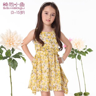  儿童节 时尚小鱼夏装童装 儿童裙子碎花雪纺背心裙 女童连衣裙韩