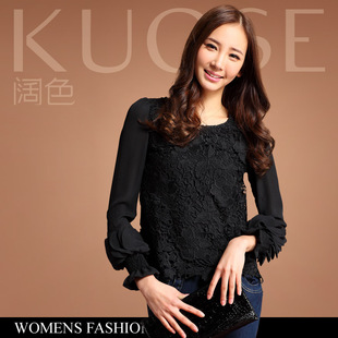  【KUOSE阔色-夜衣馆】秋冬新款女装圆领个性灯笼袖雪纺蕾丝衫