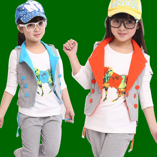  春装新款童装 儿童马甲T恤哈伦裤三件套 女童学院风大童套装