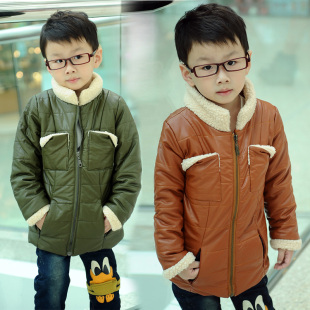  百趣童装 冬款韩版男童加绒立领PU皮夹克儿童棉衣服 棉袄外套