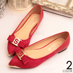  新款尖头单鞋平跟休闲平底鞋绒面蝴蝶结女鞋欧美英伦皮鞋大码