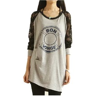  包邮 春夏韩版圆领宽松蕾丝拼接蝙蝠长袖中长款大码女装T恤