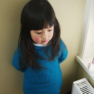  春秋新款宝宝儿童女童装T恤 圆领毛绒绒七分中袖连衣裙淑女