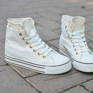  韩版女鞋 厚底松糕鞋子牛筋底高帮帆布鞋翻边白色布鞋可手绘单鞋