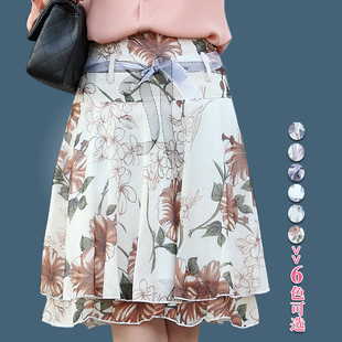  夏季新款女装雪纺裙高腰半身裙包臀短裙蓬蓬百褶大码韩版碎花裙