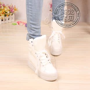  韩版春季新款高帮鞋漆皮系带松糕鞋厚底女鞋学生白色运动鞋潮