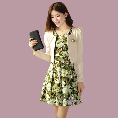 碎花修身连衣裙三彩连衣裙套装2014春装新款