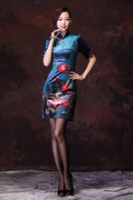 (Cheongsam Kungkuan) new improved cheongsam dress the elegant cheongsam af t stretch blue OL summer cheongsam