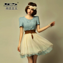 尚古主义女装<span class=H>2013</span>牛仔连衣裙夏复古网纱拼接雪纺连衣裙公主牛仔裙