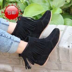  包邮！经典VIVI款欧美风直筒流苏短靴圆头绒面牛津底平跟平底女靴