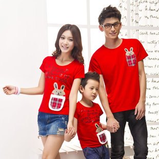  亲子装夏季新品字母口袋兔三人全家短袖T恤家庭装母子父女装