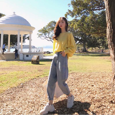 珊珊 2018秋季新款网红同款简约休闲裤设计感小脚显瘦牛仔裤女