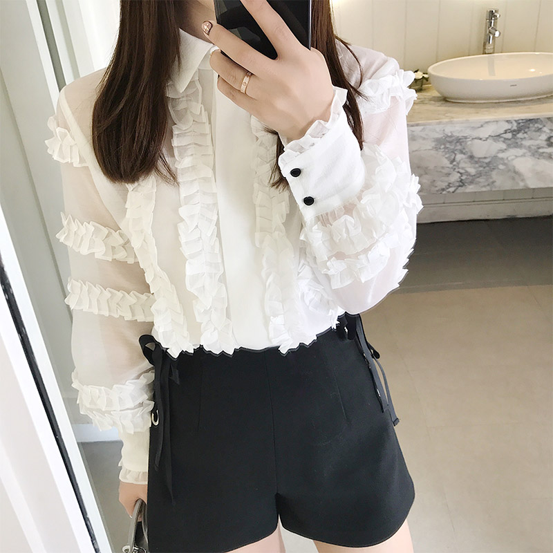 【林珊珊】2017春季女装新款韩版白色花边雪纺衫长袖宽松纯色上衣