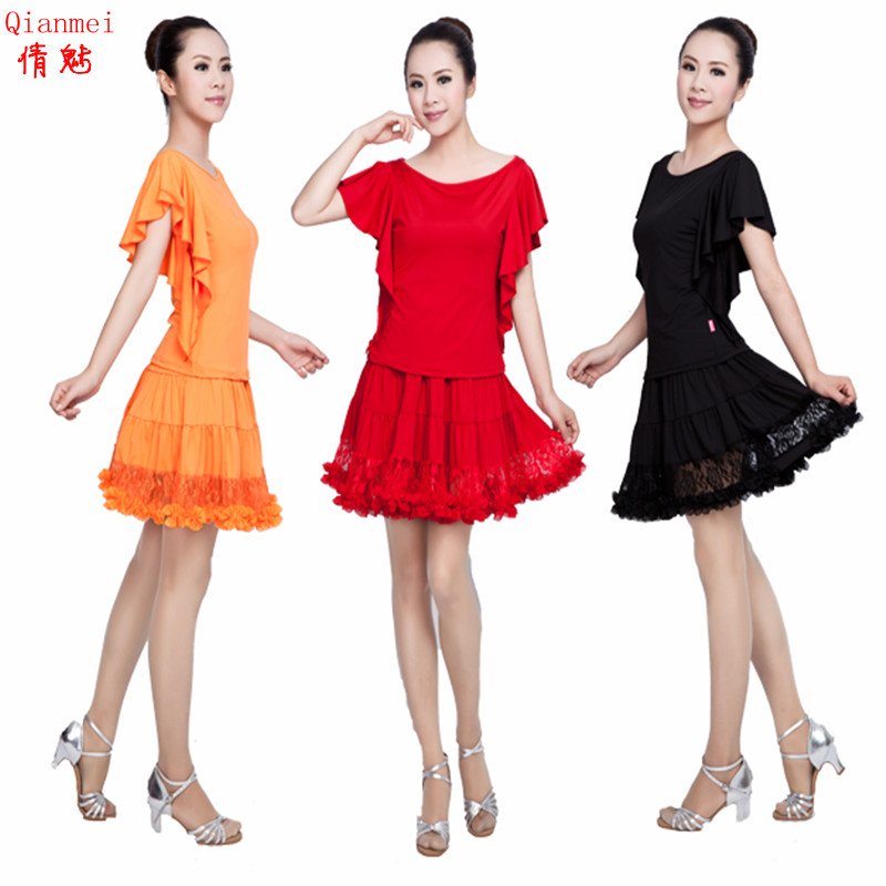 2015夏季gcw广场舞服装套装新款成人女式喇叭袖上衣短裙子舞蹈服