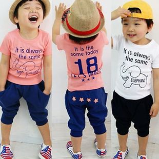  童装 男童女童夏装新款韩版运动休闲中小儿童短袖哈伦裤套装
