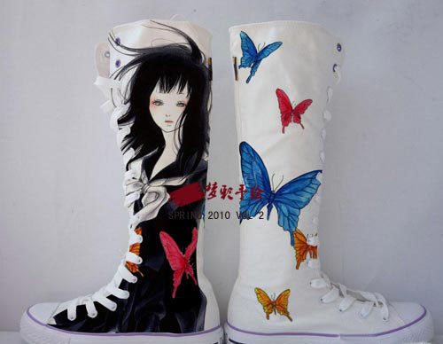 青春飞舞高筒靴精品特价 高帮手绘鞋 韩版平跟女鞋涂鸦鞋帆布鞋