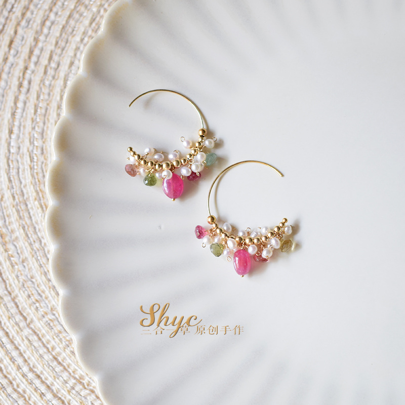 Flower in the sun Triple natural Tourmaline Ruby Imported Cover with gold leaf fresh Bouquet of flowers Earringsin the Accessories/Fashion Jewelry, Earring , Earring category - from Buy2taobao.com to provide professional Taobao agent buy service